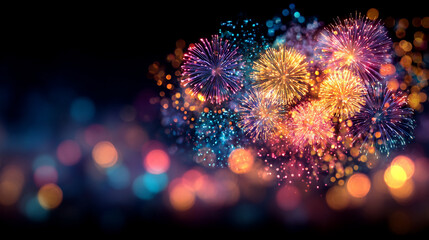 Bright glowing multicolor fireworks light up the night sky with sparkling bokeh celebrating national holidays festivals New Year and special events creating a festive magical atmosphere