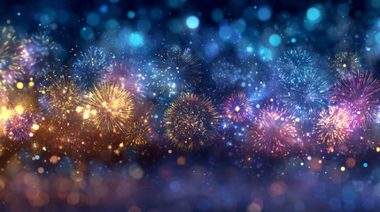 Bright glowing multicolor fireworks light up the night sky with sparkling bokeh celebrating national holidays festivals New Year and special events creating a festive magical atmosphere
