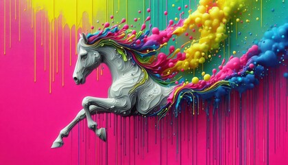 3D illustration of a horse jumping out from vivid clouds with a colorful splash, blending playful movement and contemporary art style. idea of Chinese New Year greeting cards, festive holiday design.