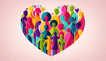 Vibrant silhouettes of people forming a heart shape, symbolizing teamwork, family reunion, multicultural unity, charity, and friendship, positivity and human connection