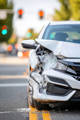 Damaged white car after accident on city street