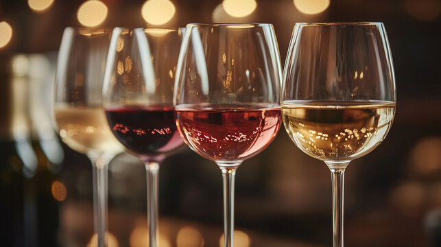 A variety of red, white, and rosé wines in glasses for a tasting flight. Alcoholic beverages arranged in a row at a bar with a warm bokeh background
