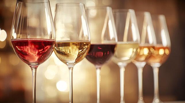 Wine tasting flight with a selection of red, white, and rosé wines. Glasses in a row with a warm, elegant bokeh background - Powered by Adobe