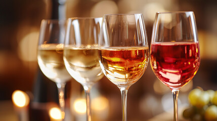 Close-up of wine glasses with white and rosé wine for a tasting. Elegant assortment of alcoholic beverages for a celebration in a restaurant
