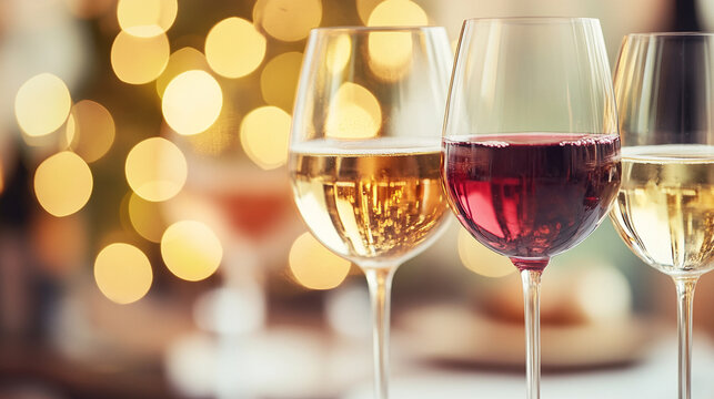 Glasses of red and white wine for a celebration. Festive holiday party with golden bokeh lights in the background. Wine tasting event concept