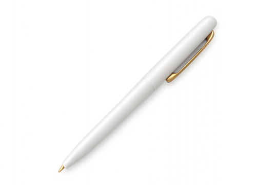 Elegant white pen with gold clip for professional writing and design work on transparent background