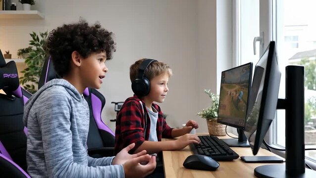 Two Young Boys Engaged in an Exciting Video Game Session at Home