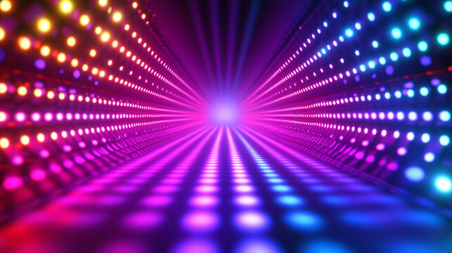 Bright glowing rainbow disco lights create a multicolored, dynamic party scene with neon LEDs, flashing walls, and vibrant energy for nightclubs and music events.