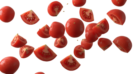 Freshly Sliced Tomatoes in Mid-Air A Vibrant Splash of Red on a White Background
