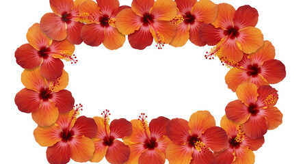 Oval frame of vibrant orange and red hibiscus flowers, perfect for tropical themes and invitations