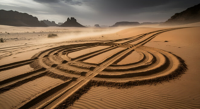 Dramatic desert landscape with vehicle tracks and imposing rock formations against cloudy sky