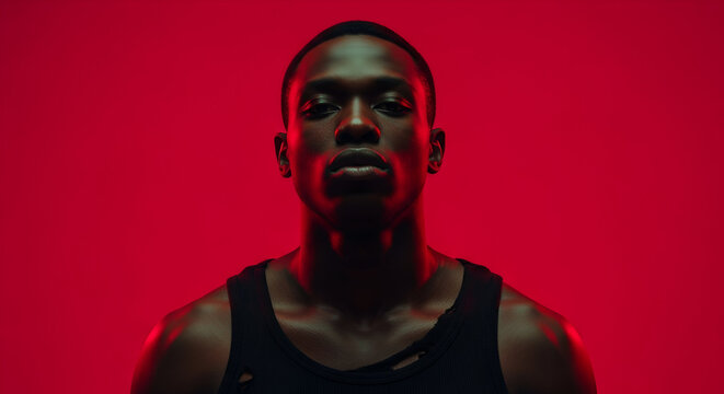 Intense portrait of a muscular african american man against a vivid red background