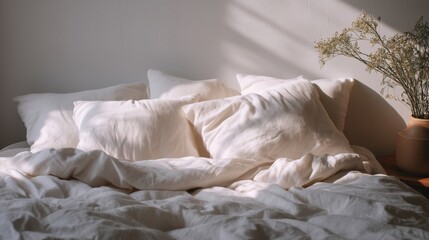 White linen bed in soft morning light — serene bedroom interior