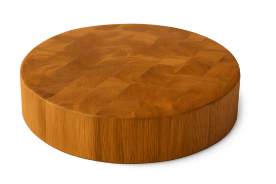 Round end grain butcher block cutting board showing the beautiful wood grain on transparent background