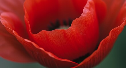 Close up of a vibrant red poppy flower blooming with delicate petals
