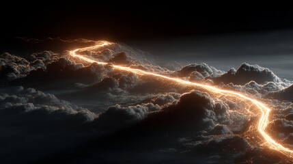 Cloud upload progress visualized as a glowing path of light, representing data transfer, digital connectivity, technology, and seamless cloud-based workflow.