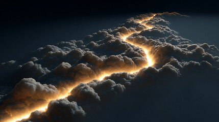 Cloud upload progress visualized as a glowing path of light, representing data transfer, digital connectivity, technology, and seamless cloud-based workflow.