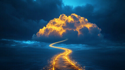 Cloud upload progress visualized as a glowing path of light, representing data transfer, digital connectivity, technology, and seamless cloud-based workflow.