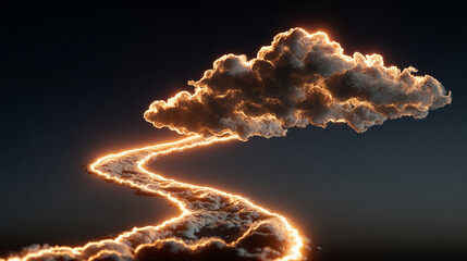 Cloud upload progress visualized as a glowing path of light, representing data transfer, digital connectivity, technology, and seamless cloud-based workflow.