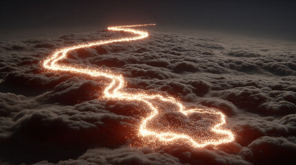 Cloud upload progress visualized as a glowing path of light, representing data transfer, digital connectivity, technology, and seamless cloud-based workflow.