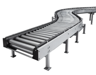 Smoothly curving roller conveyor system facilitating efficient material handling in industrial settings