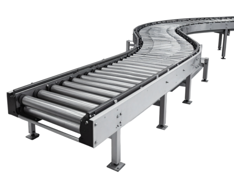 Smoothly curving roller conveyor system facilitating efficient material handling in industrial settings