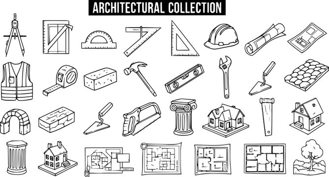 Doodle Style Architectural and Construction Collection of Hand Tools, Building Materials, Houses, and Blueprints Sketch Icons Set