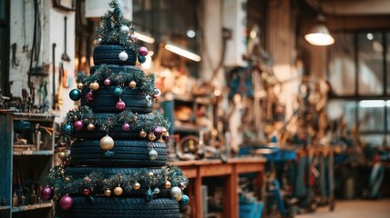 Creative diy christmas tree made from car tires in festive auto workshop