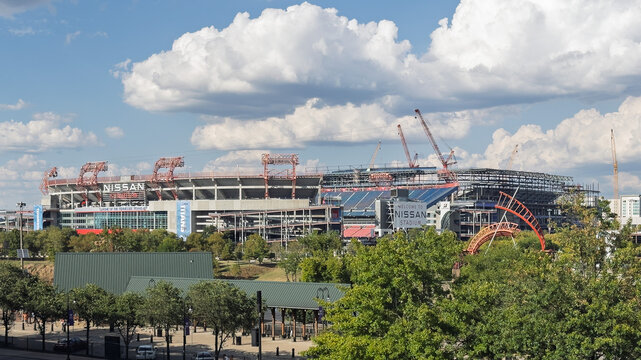 The new Nissan Stadium under construction behind the current one in Nashville, Tennessee