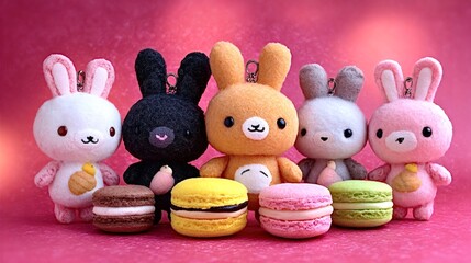 Five felt bunny dolls in bright colors stand together on a vibrant pink background, each paired with a matching pastel macaronhandmade kawaii toys perfect for gifts and decor