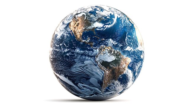 Planet earth model showing north and south america, oceans, clouds and surface detail on a clean white background, realistic 3d rendering for global and environmental themes