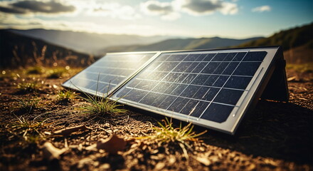 Portable solar panel on ground under bright sky capturing sunlight, renewable energy solution for outdoor adventure trip footage.