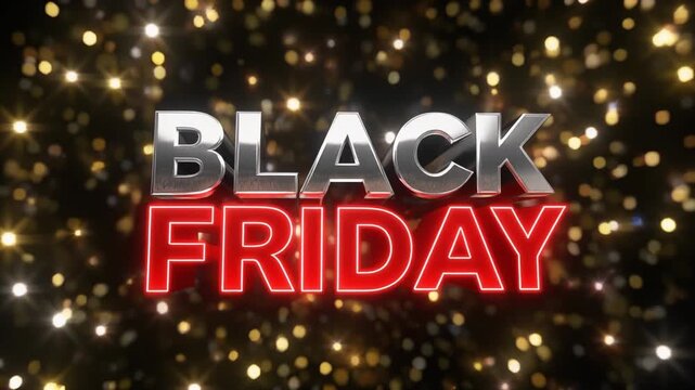 Black Friday glowing 3D sign with metallic silver and red letters against shimmering festive lights, mp4 video. AI