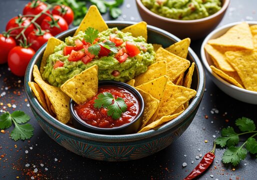 Fresh guacamole and salsa with crispy tortilla chips for a delicious party appetizer