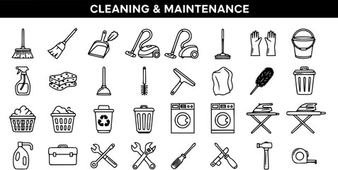 Cleaning and Maintenance Icons Set: Essential Line Symbols for Home Housework, Repair, and Professional Services