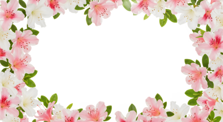 A beautiful floral frame created with blooming pink and white azalea flowers and green leaves isolated on a clean white background