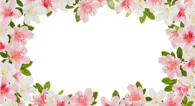 A beautiful floral frame created with blooming pink and white azalea flowers and green leaves isolated on a clean white background