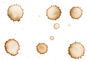 Collection of multiple small coffee splats and droplets, isolated transparent background, marks vary in size, jagged, spiky edges, light brown center, randomized grunge pattern overlay