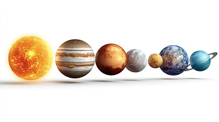 Solar system planets, including the sun, jupiter, mars, earth, and saturn, presented in a conceptual comparison of their relative sizes against a white background
