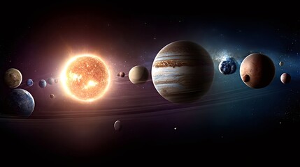 Solar system depiction with the sun radiating light while various planets, including earth, jupiter, and saturn, orbit in a cosmic star filled background