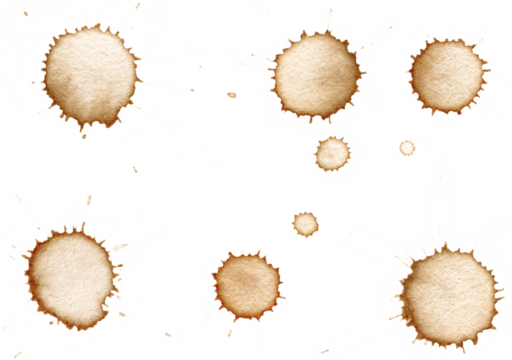 Collection of multiple small coffee splats and droplets, isolated transparent background, marks vary in size, jagged, spiky edges, light brown center, randomized grunge pattern overlay