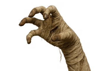 Mummy hand reaching out, grasping, scary zombie monster limb wrapped in ancient bandages for halloween horror nights