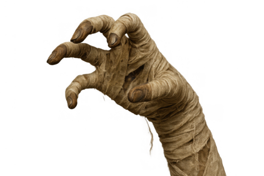 Mummy hand reaching out, grasping, scary zombie monster limb wrapped in ancient bandages for halloween horror nights