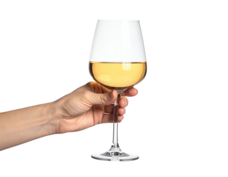 Elegant hand holding crisp white wine glass, perfect for celebratory toasts and fine dining moments