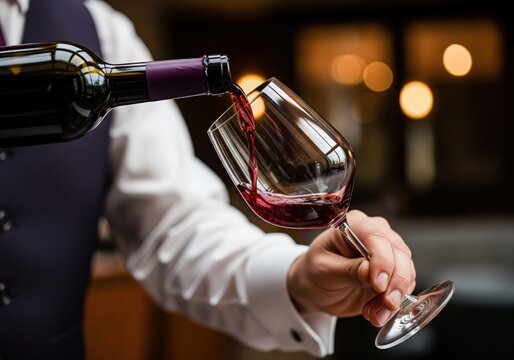 Professional sommelier elegantly pours rich red wine into crystal glass at sophisticated establishment