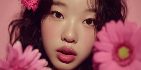 Young Woman Surrounded by Pink Flowers with Glossy Lips