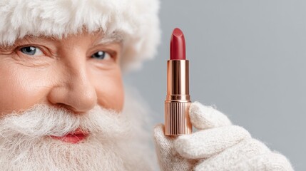 Santa Claus Holding Red Lipstick with Warm Smile