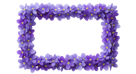 Elegant floral border created from vibrant purple violet blossoms, forming an empty rectangular frame on a white background