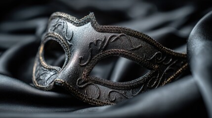 Elegant Black Mask on Dark Satin Fabric Background