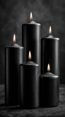 Group of Black Candles with Flames on Dark Background